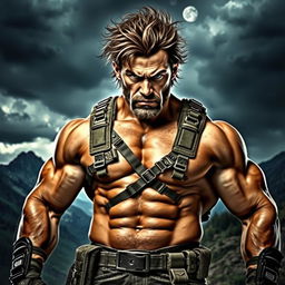 A fierce and powerful man standing confidently with a strong posture, exhibiting intense facial expressions that convey determination and strength