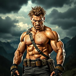 A fierce and powerful man standing confidently with a strong posture, exhibiting intense facial expressions that convey determination and strength