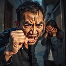 A dramatic and intense conceptual scene depicting an angry Chinese man in a moment of emotional turmoil, symbolizing conflict
