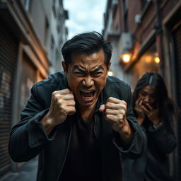 A dramatic and intense conceptual scene depicting an angry Chinese man in a moment of emotional turmoil, symbolizing conflict