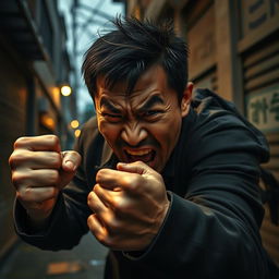 A dramatic and intense conceptual scene depicting an angry Chinese man in a moment of emotional turmoil, symbolizing conflict
