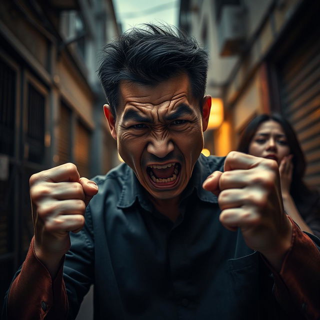 A dramatic and intense conceptual scene depicting an angry Chinese man in a moment of emotional turmoil, symbolizing conflict