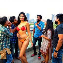 A vibrant and energetic terrace scene set in Gurgaon Cyber City, featuring a charming young Indian woman radiating confidence and allure
