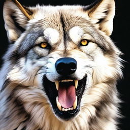 A hyper-realistic face of a wolf, showing detailed fur texture, piercing eyes, and sharp teeth.