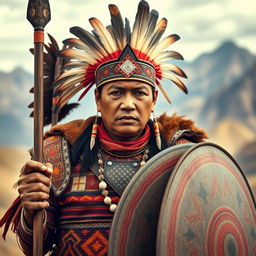 A striking portrait of an Inca warrior in full battle attire, showcasing the strength and bravery of the Inca civilization