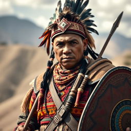 A striking portrait of an Inca warrior in full battle attire, showcasing the strength and bravery of the Inca civilization