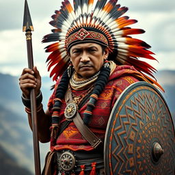 A striking portrait of an Inca warrior in full battle attire, showcasing the strength and bravery of the Inca civilization