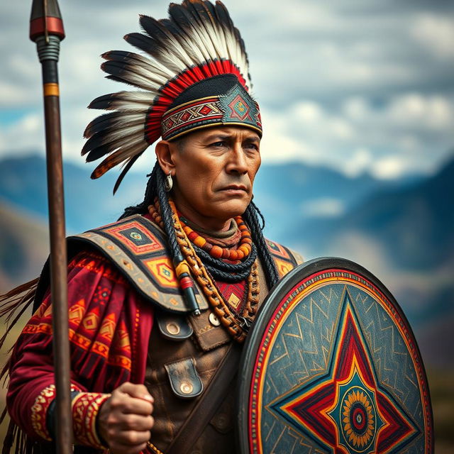 A striking portrait of an Inca warrior in full battle attire, showcasing the strength and bravery of the Inca civilization