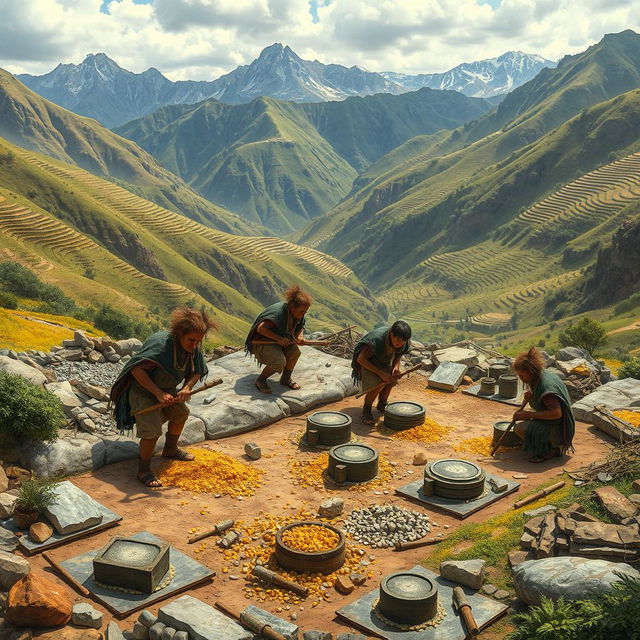 A detailed depiction of the gold and silver extraction process in the Inca Empire