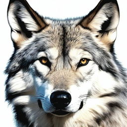 A hyper-realistic face of a wolf, showing detailed fur texture, piercing eyes, and sharp teeth.