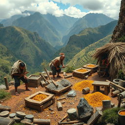 A detailed depiction of the gold and silver extraction process in the Inca Empire