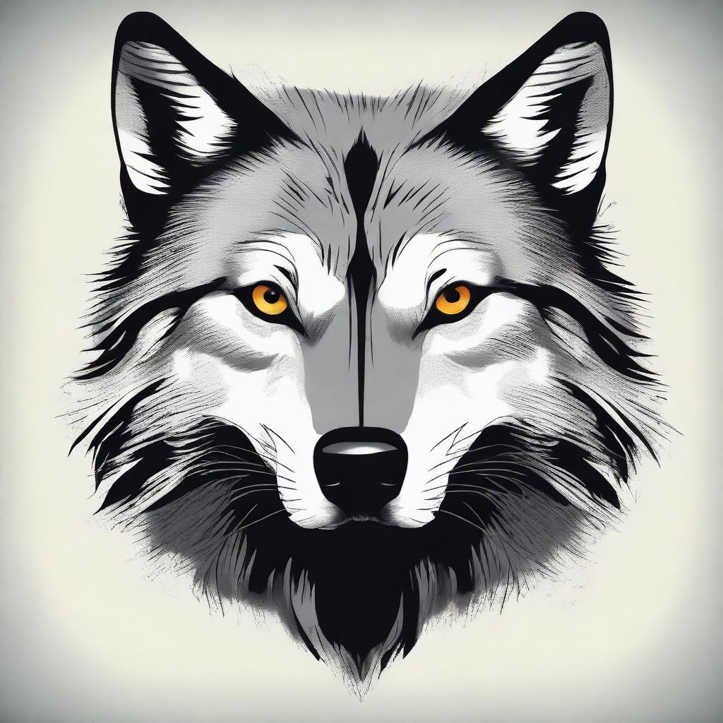 Detailed illustration of a wolf's face, featuring its piercing eyes, sharp teeth, and textured fur.