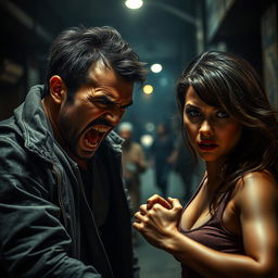 A tense and dramatic scene depicting an aggressive man in a moment of confrontation, showcasing raw emotion