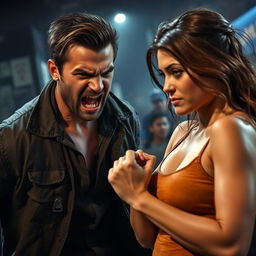 A tense and dramatic scene depicting an aggressive man in a moment of confrontation, showcasing raw emotion