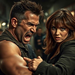 A tense and dramatic scene depicting an aggressive man in a moment of confrontation, showcasing raw emotion