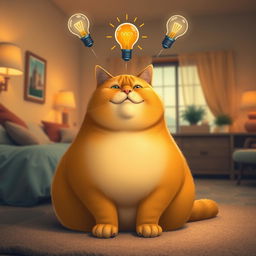 A fat, obese orange cat sitting in a cozy bedroom