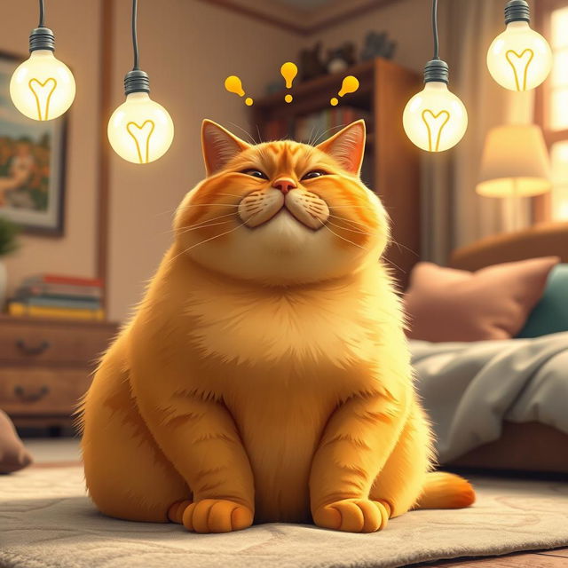 A fat, obese orange cat sitting in a cozy bedroom