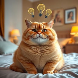 A fat, obese orange cat sitting in a cozy bedroom