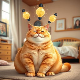 A fat, obese orange cat sitting in a cozy bedroom
