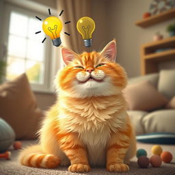A chubby orange cat with a joyful expression, sitting in a cozy room