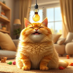 A chubby orange cat with a joyful expression, sitting in a cozy room