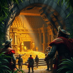 A dramatic scene depicting Spanish conquistadors in the moment of discovering a hidden Inca temple filled with gold treasures