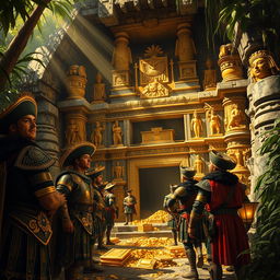 A dramatic scene depicting Spanish conquistadors in the moment of discovering a hidden Inca temple filled with gold treasures