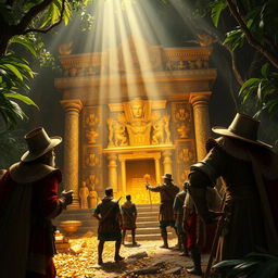 A dramatic scene depicting Spanish conquistadors in the moment of discovering a hidden Inca temple filled with gold treasures