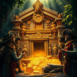A dramatic scene depicting Spanish conquistadors in the moment of discovering a hidden Inca temple filled with gold treasures
