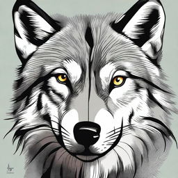 Detailed illustration of a wolf's face, featuring its piercing eyes, sharp teeth, and textured fur.