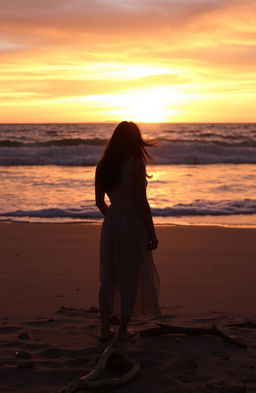 A woman standing alone on a deserted beach at sunset, her silhouette casting a long shadow in the golden light