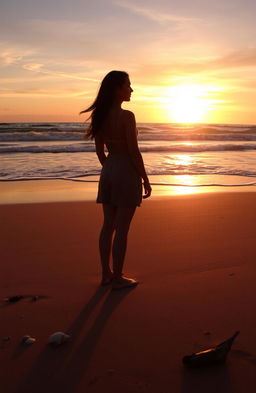A woman standing alone on a deserted beach at sunset, her silhouette casting a long shadow in the golden light
