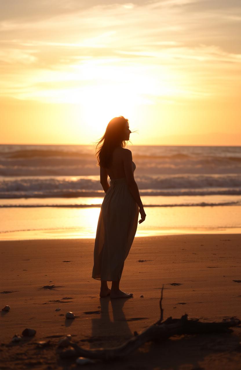 A woman standing alone on a deserted beach at sunset, her silhouette casting a long shadow in the golden light