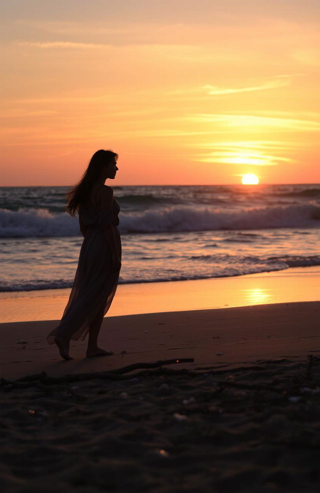 A woman standing alone on a deserted beach at sunset, her silhouette casting a long shadow in the golden light