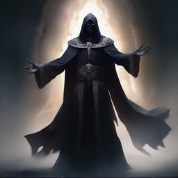 Create a detailed image of a dark elf, dressed in priestly robes, emanating an aura of death.