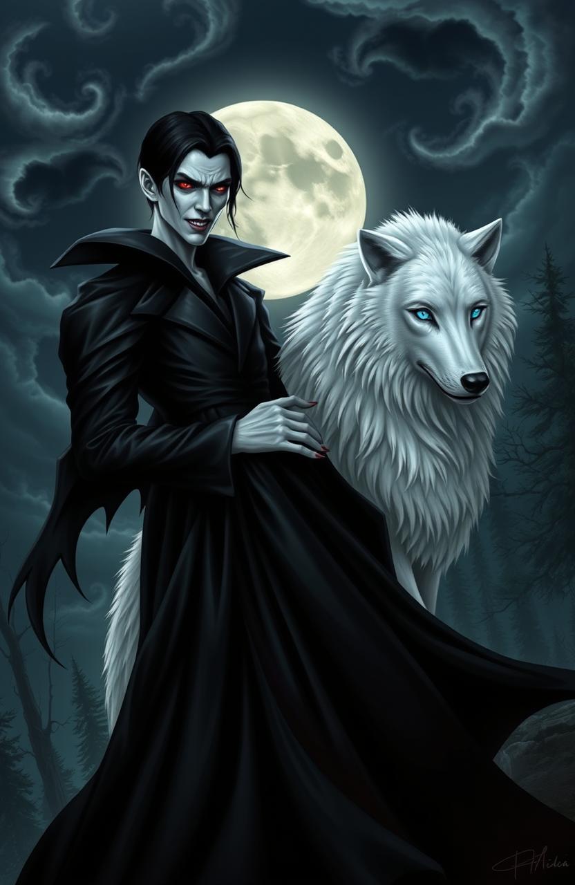 A striking scene depicting a mystical black vampire with sharp fangs and pale skin, dressed in an elegant, flowing dark cloak