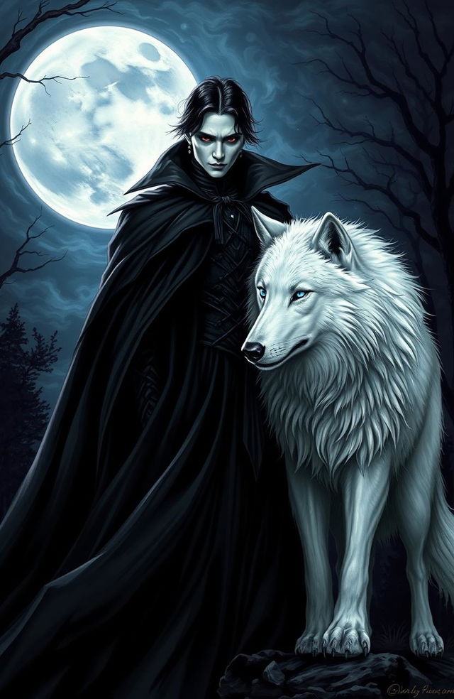 A striking scene depicting a mystical black vampire with sharp fangs and pale skin, dressed in an elegant, flowing dark cloak