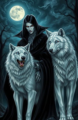 A striking scene depicting a mystical black vampire with sharp fangs and pale skin, dressed in an elegant, flowing dark cloak
