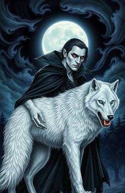 A striking scene depicting a mystical black vampire with sharp fangs and pale skin, dressed in an elegant, flowing dark cloak