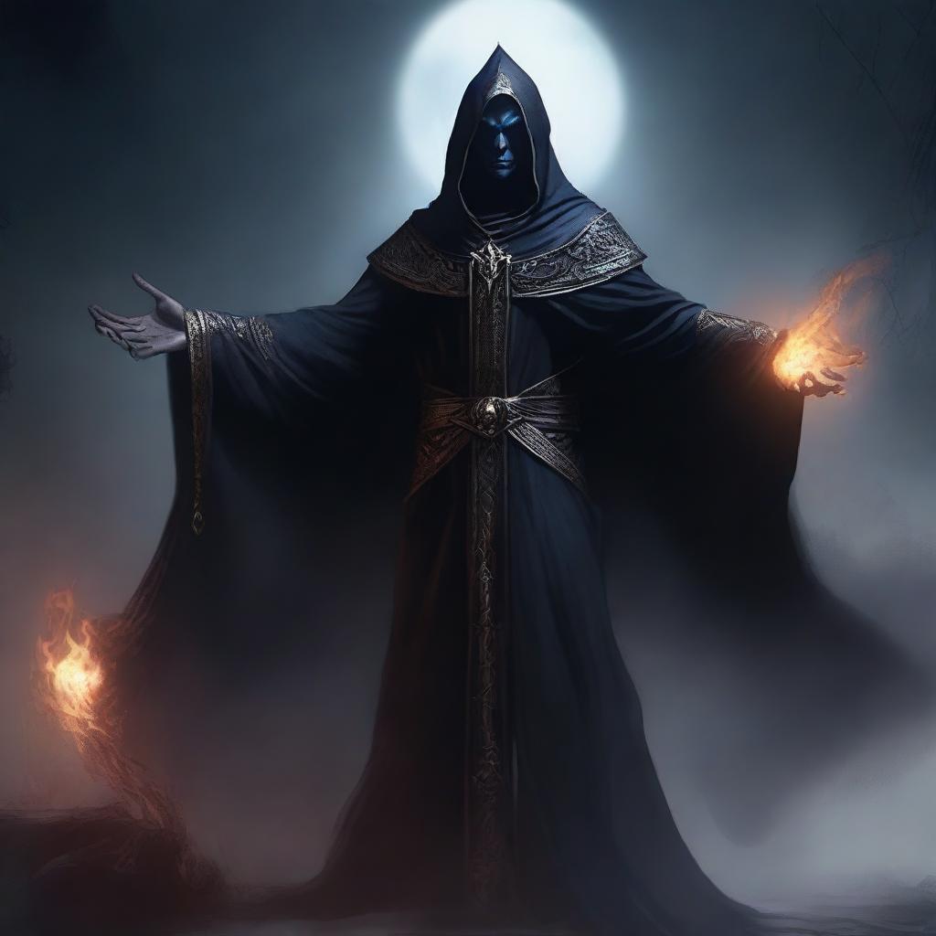 Create a detailed image of a dark elf, dressed in priestly robes, emanating an aura of death.