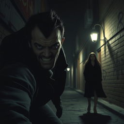 A dark and atmospheric scene depicting a ferocious man lurking in a dimly lit street at night, with a scheming expression on his face, indicating his intention to attack