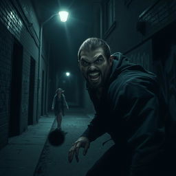 A dark and atmospheric scene depicting a ferocious man lurking in a dimly lit street at night, with a scheming expression on his face, indicating his intention to attack