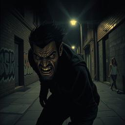 A dark and atmospheric scene depicting a ferocious man lurking in a dimly lit street at night, with a scheming expression on his face, indicating his intention to attack