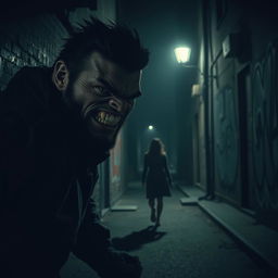 A dark and atmospheric scene depicting a ferocious man lurking in a dimly lit street at night, with a scheming expression on his face, indicating his intention to attack