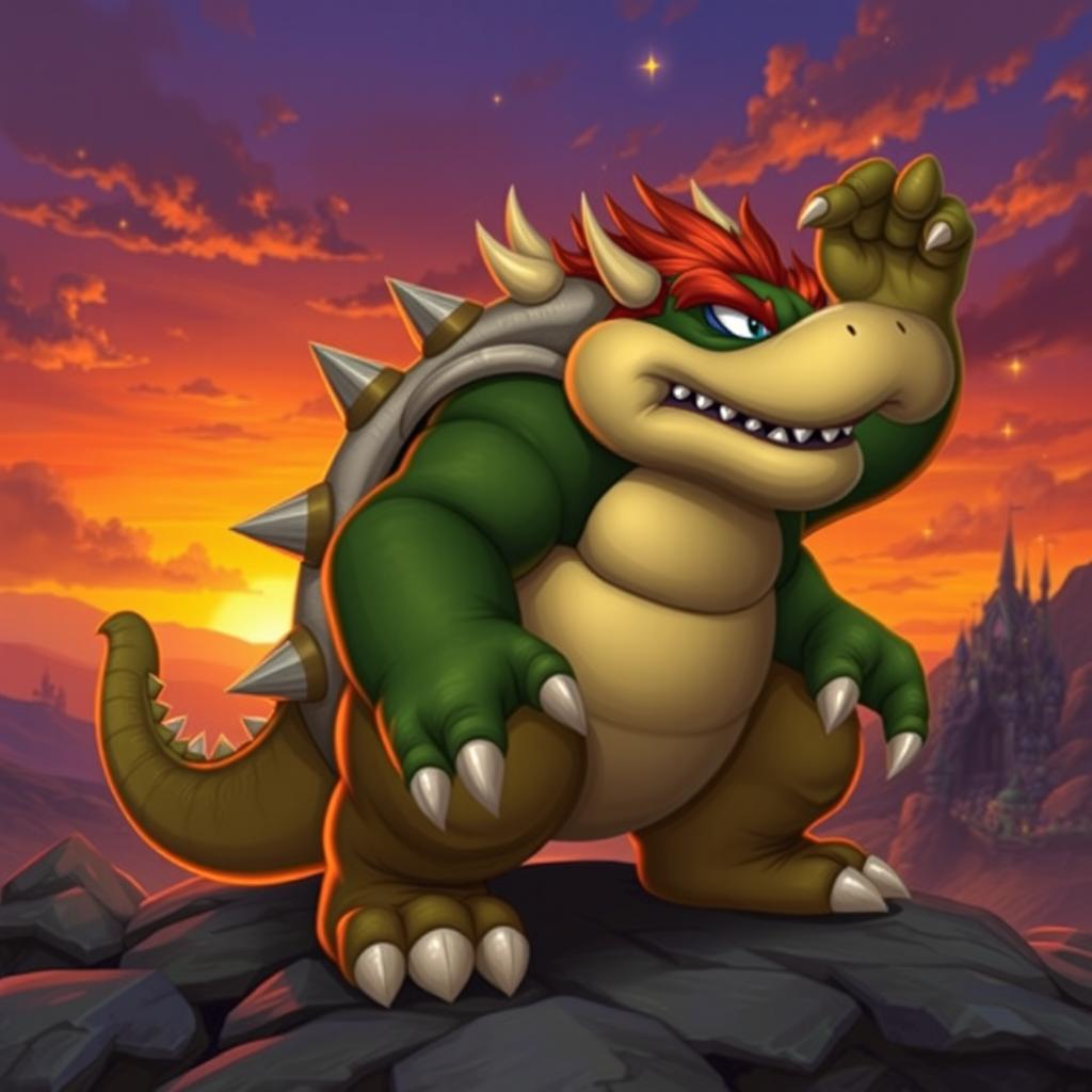 A powerful and menacing creature resembling a giant turtle-dragon hybrid, Bowser, with a spiked shell, standing triumphantly on a rocky terrain