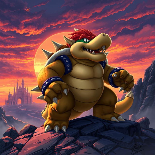 A powerful and menacing creature resembling a giant turtle-dragon hybrid, Bowser, with a spiked shell, standing triumphantly on a rocky terrain