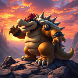 A powerful and menacing creature resembling a giant turtle-dragon hybrid, Bowser, with a spiked shell, standing triumphantly on a rocky terrain