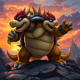 A powerful and menacing creature resembling a giant turtle-dragon hybrid, Bowser, with a spiked shell, standing triumphantly on a rocky terrain