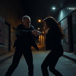 A tense and dramatic scene set in a dark and shadowy street at night, featuring an aggressive man lunging towards a woman