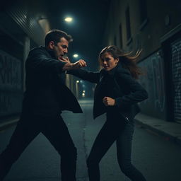 A tense and dramatic scene set in a dark and shadowy street at night, featuring an aggressive man lunging towards a woman